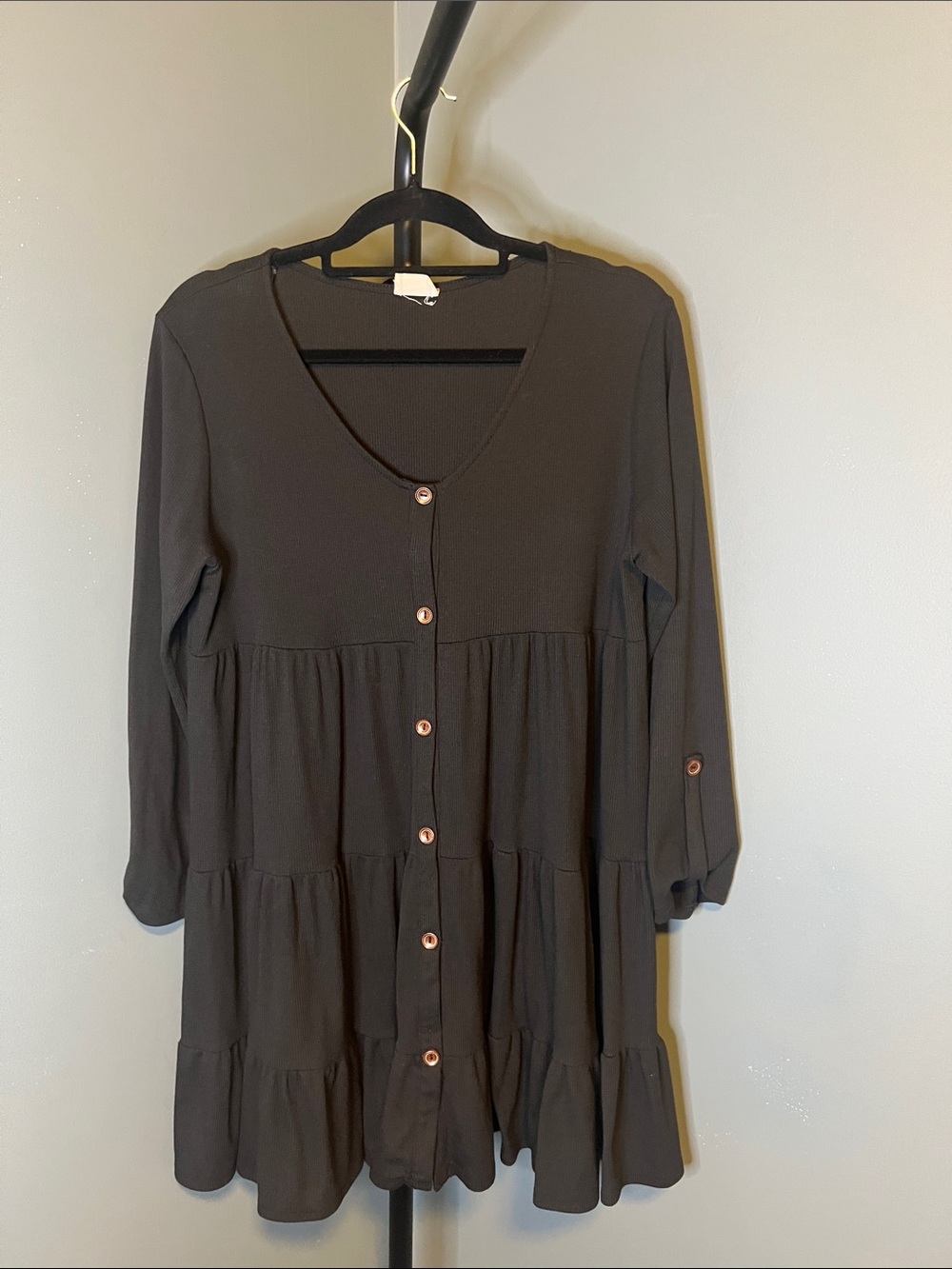 Peach Love California Black Tiered Button-Front Long Sleeve Tunic Dress